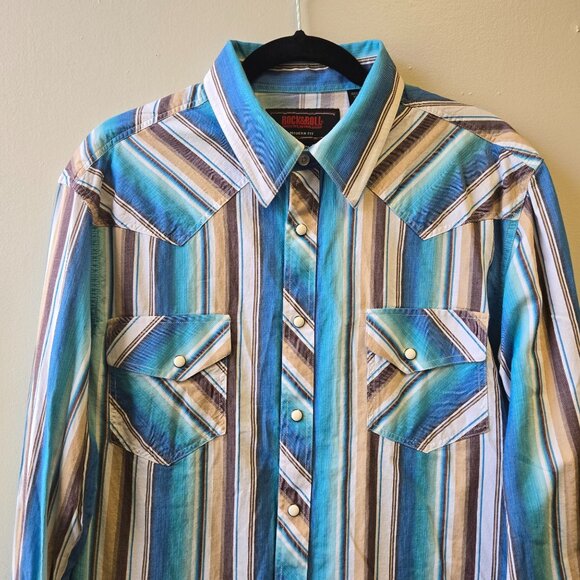Rock & Roll Denim Pearl Snap Mens Modern Fit Western Striped Button-Down Shirt M - Picture 4 of 9